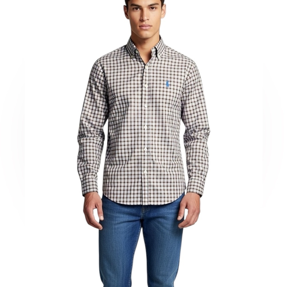 Ralph Lauren Brown White And Blue Checkered Button Down Shirt